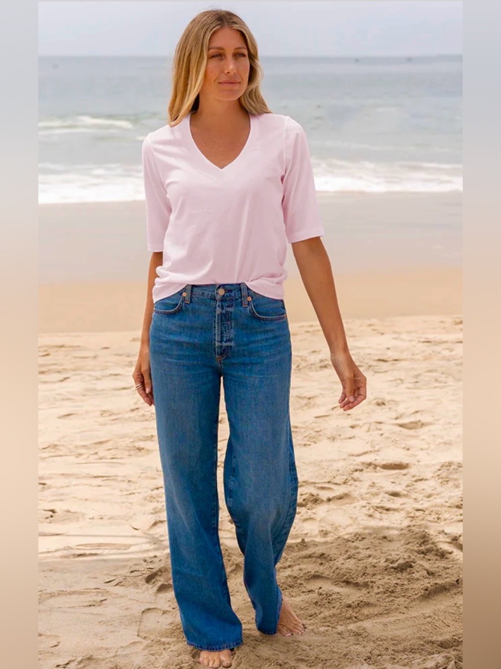 The Classic T-Shirt Company Elbow Sleeve V-neck Tee Organic mauve pink Large Med